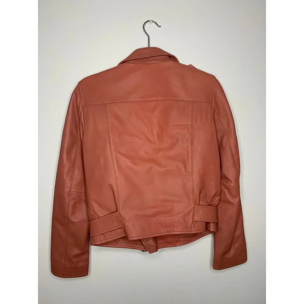 ALLSAINTS Balfern Leather Biker Jacket in Rose Wood Pink - Picture 12 of 13
